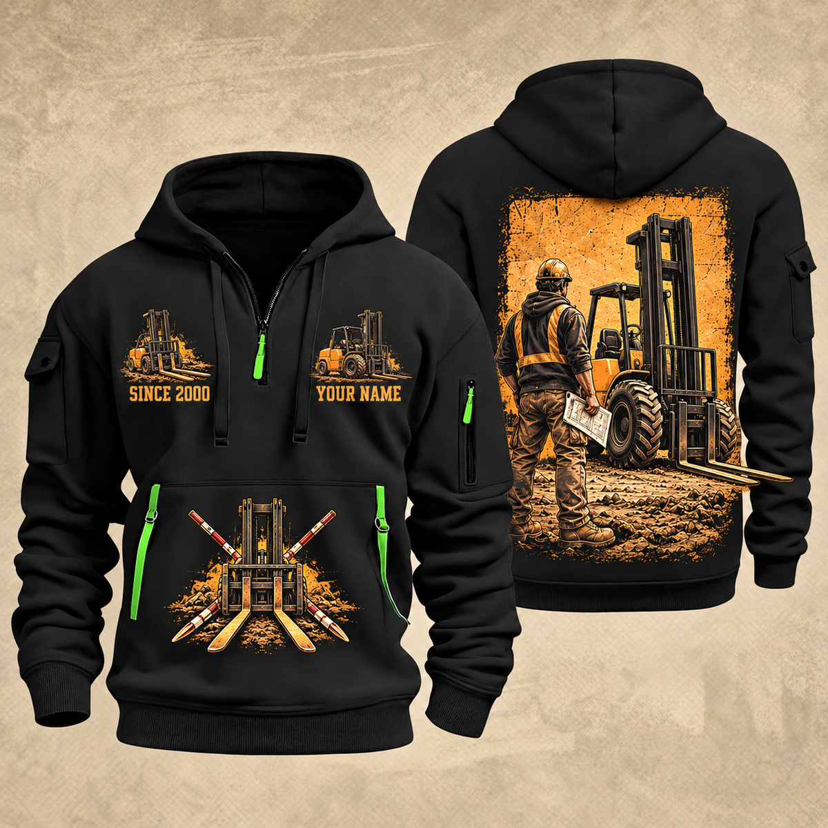 CASE 588H Rough-Terrain Forklift quarter zip hoodie in Black, front and back views, sample YOUR NAME and SINCE 2000 artwork