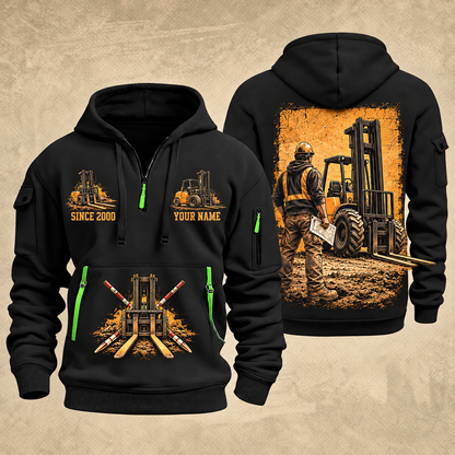 CASE 588H Rough-Terrain Forklift quarter zip hoodie in Black, front and back views, sample YOUR NAME and SINCE 2000 artwork