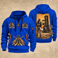 CASE 588H Rough-Terrain Forklift quarter zip hoodie in Blue, front and back views, sample YOUR NAME and SINCE 2000 artwork