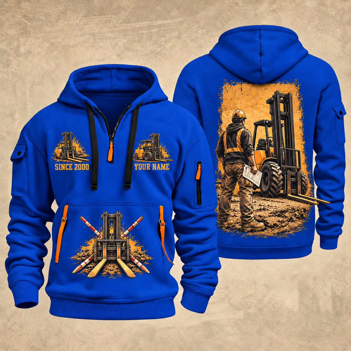 CASE 588H Rough-Terrain Forklift quarter zip hoodie in Blue, front and back views, sample YOUR NAME and SINCE 2000 artwork
