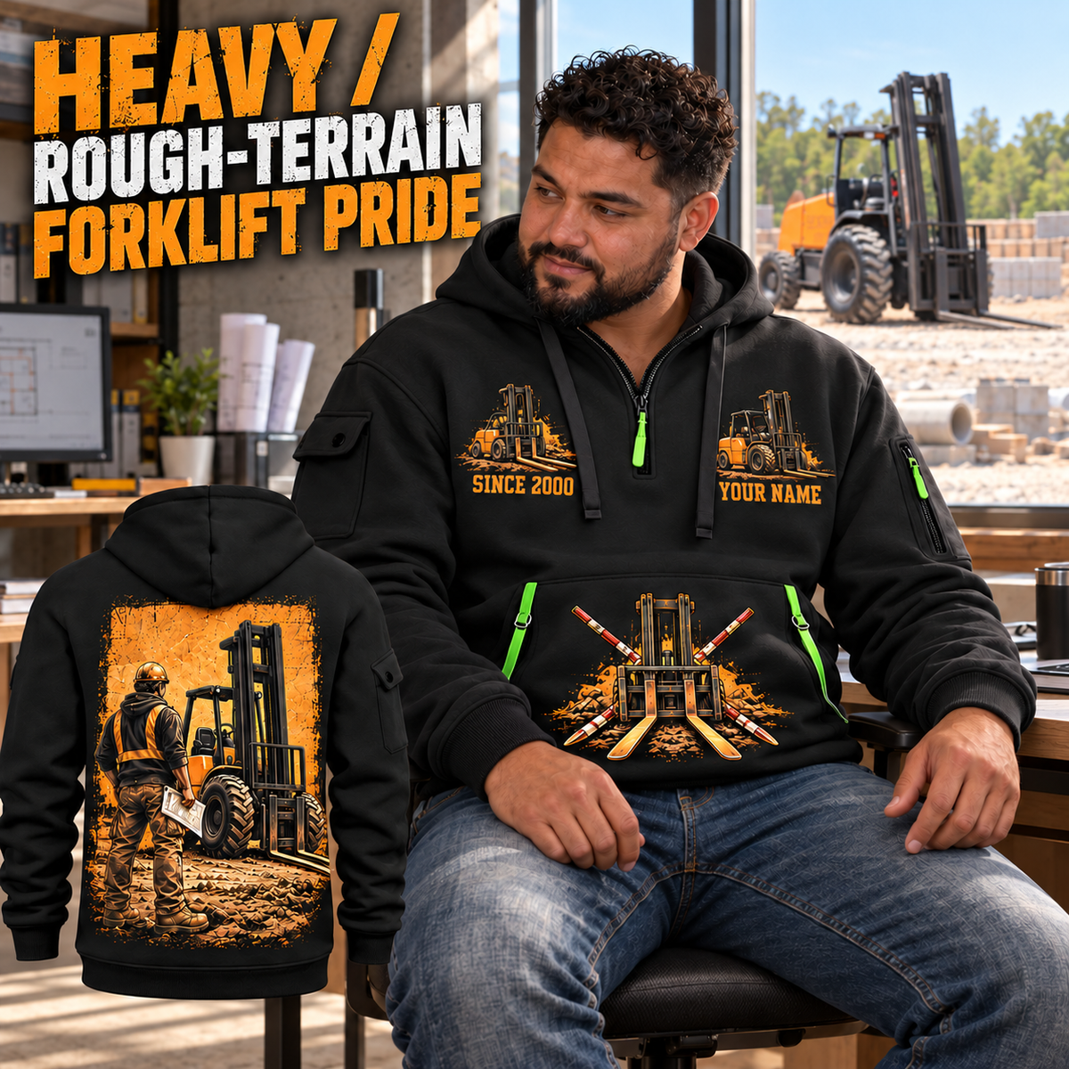 CASE 588H Rough-Terrain Forklift quarter zip hoodie in Black, adult lifestyle portrait showing front and back artwork