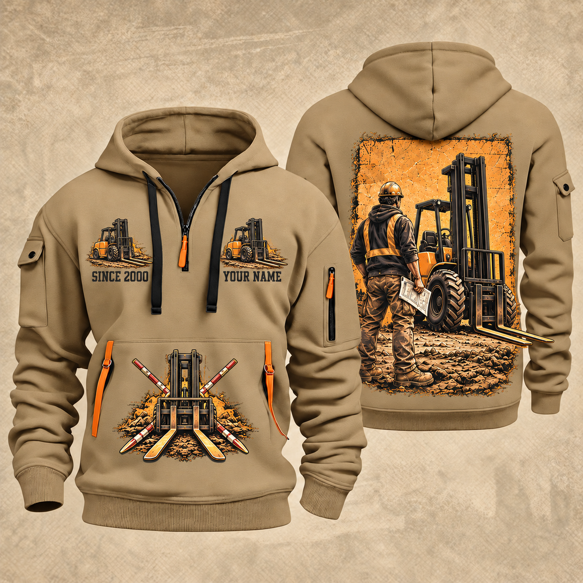 CASE 588H Rough-Terrain Forklift quarter zip hoodie in Khaki, front and back views, sample YOUR NAME and SINCE 2000 artwork