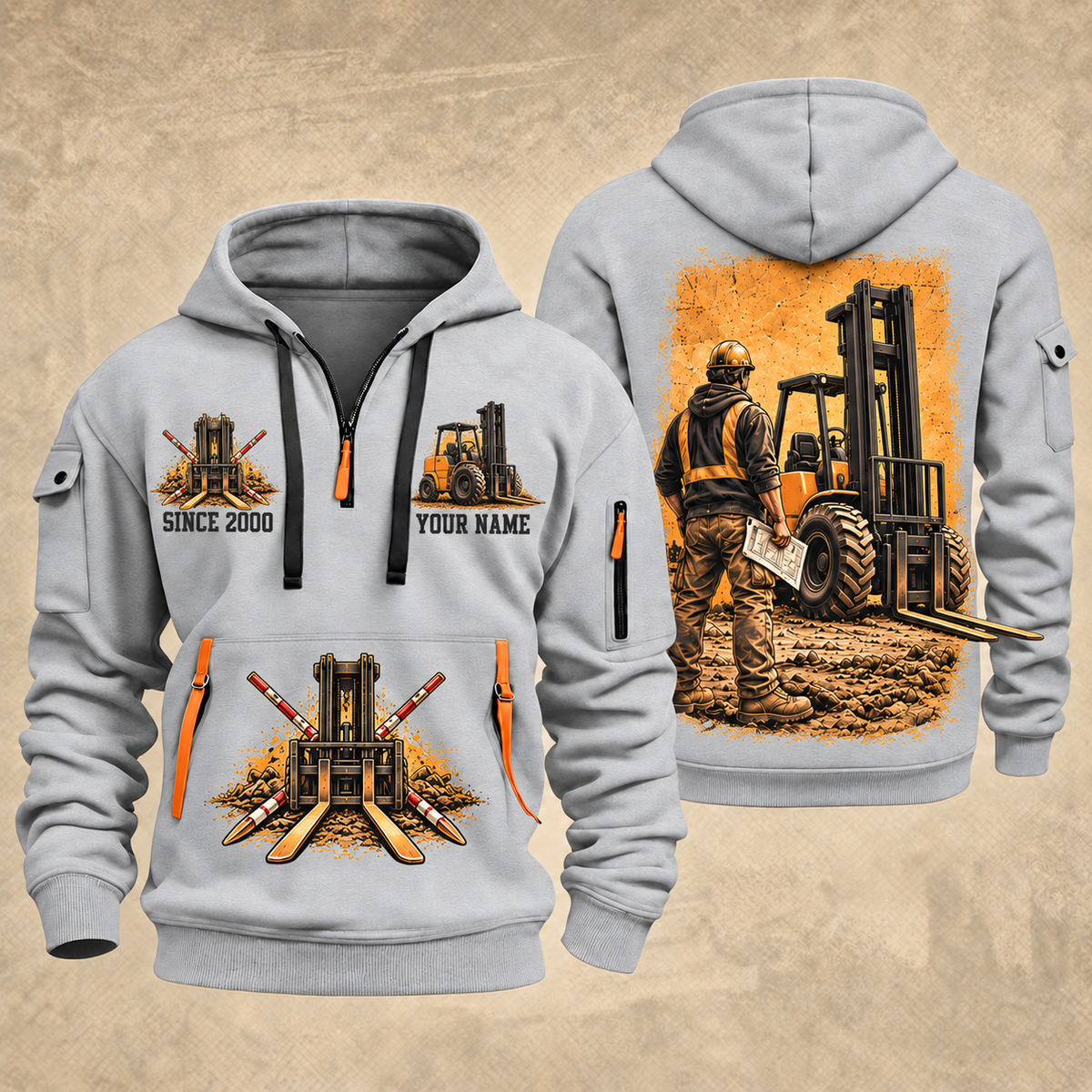CASE 588H Rough-Terrain Forklift quarter zip hoodie in Light Grey, front and back views, sample YOUR NAME and SINCE 2000 artwork