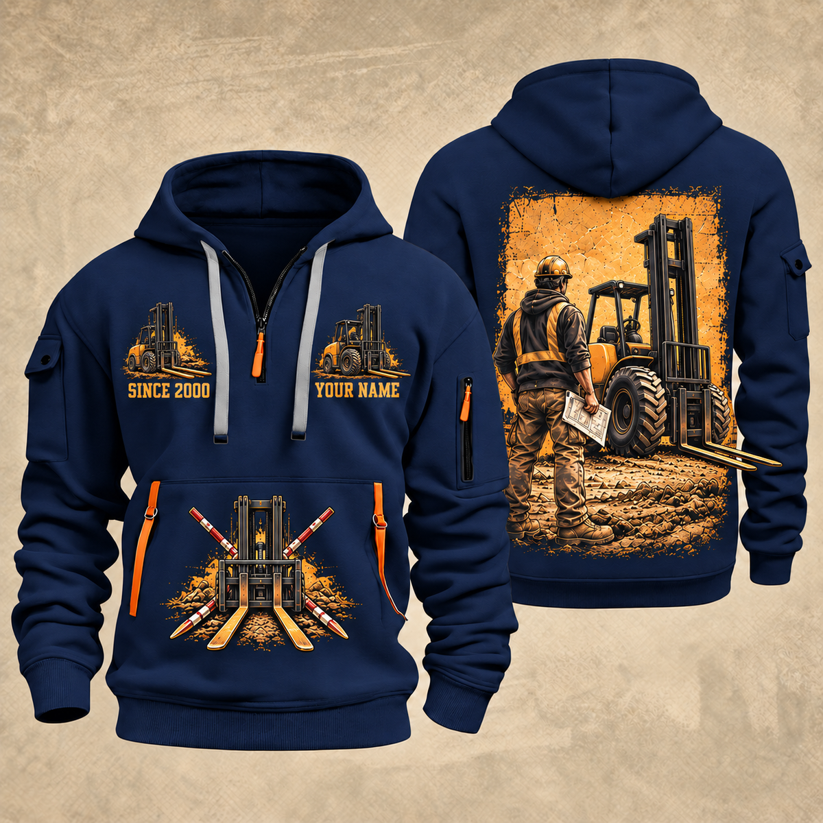 CASE 588H Rough-Terrain Forklift quarter zip hoodie in Navy, front and back views, sample YOUR NAME and SINCE 2000 artwork