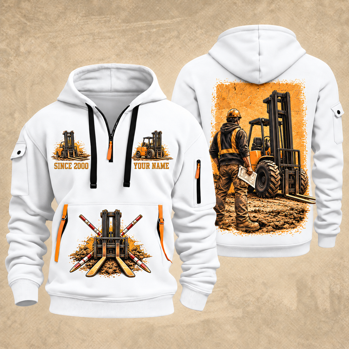CASE 588H Rough-Terrain Forklift quarter zip hoodie in White, front and back views, sample YOUR NAME and SINCE 2000 artwork