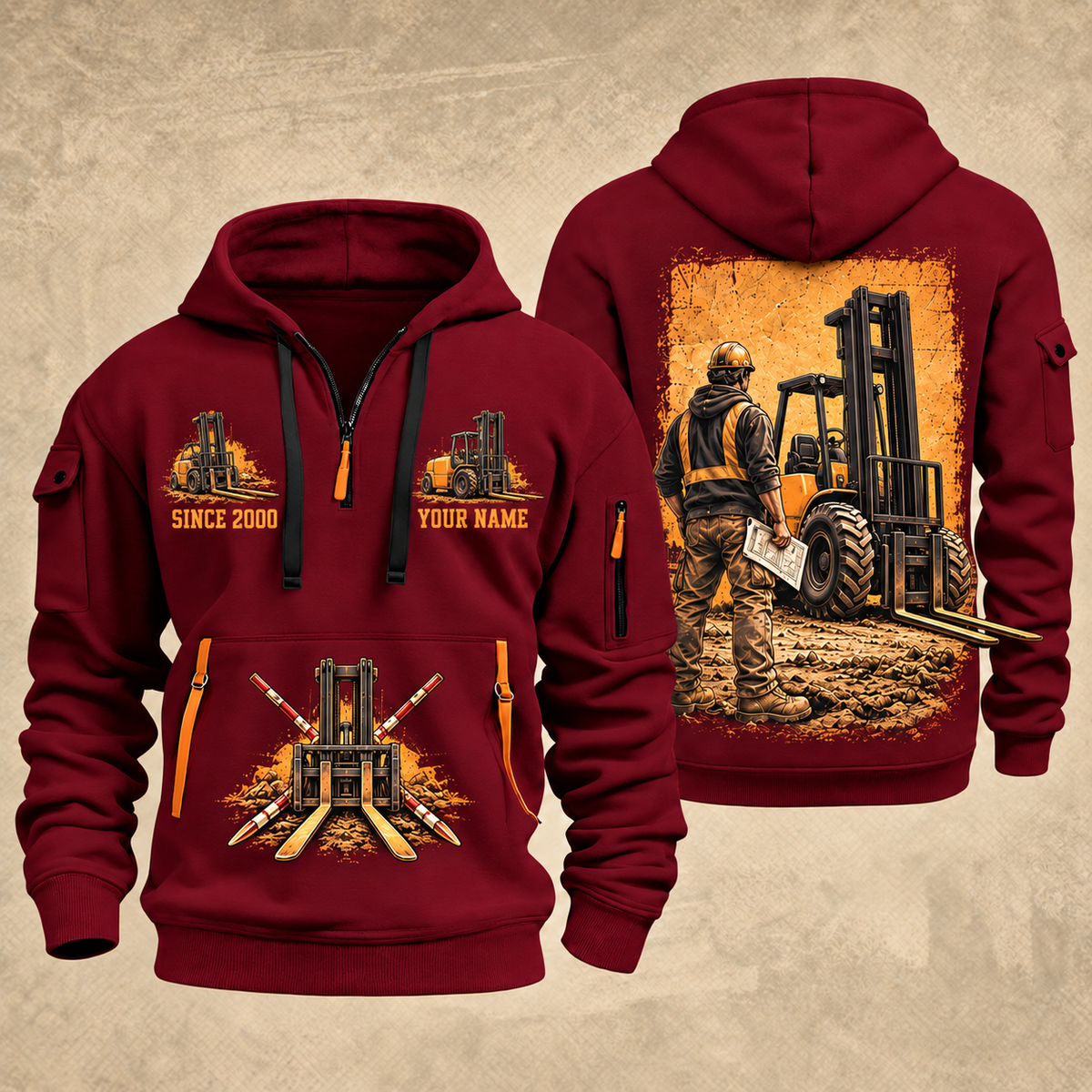 CASE 588H Rough-Terrain Forklift quarter zip hoodie in Wine Red, front and back views, sample YOUR NAME and SINCE 2000 artwork