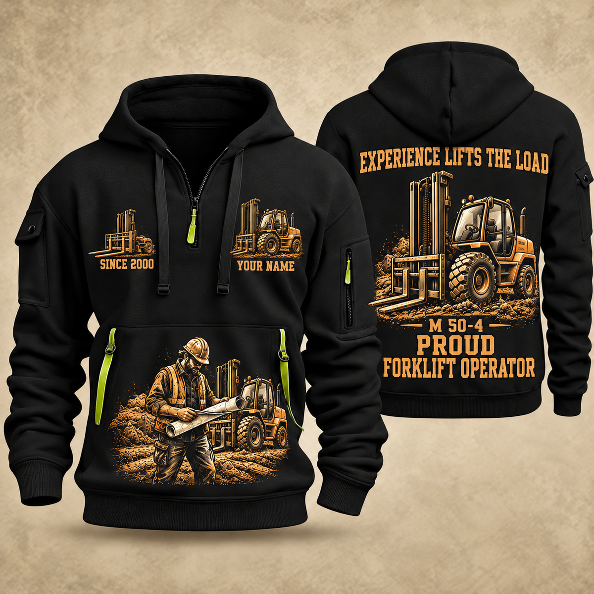 Manitou M 50-4 Rough-Terrain Forklift quarter zip hoodie in Black, front and back views, sample YOUR NAME and SINCE 2000 artwork