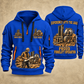 Manitou M 50-4 Rough-Terrain Forklift quarter zip hoodie in Blue, front and back views, sample YOUR NAME and SINCE 2000 artwork
