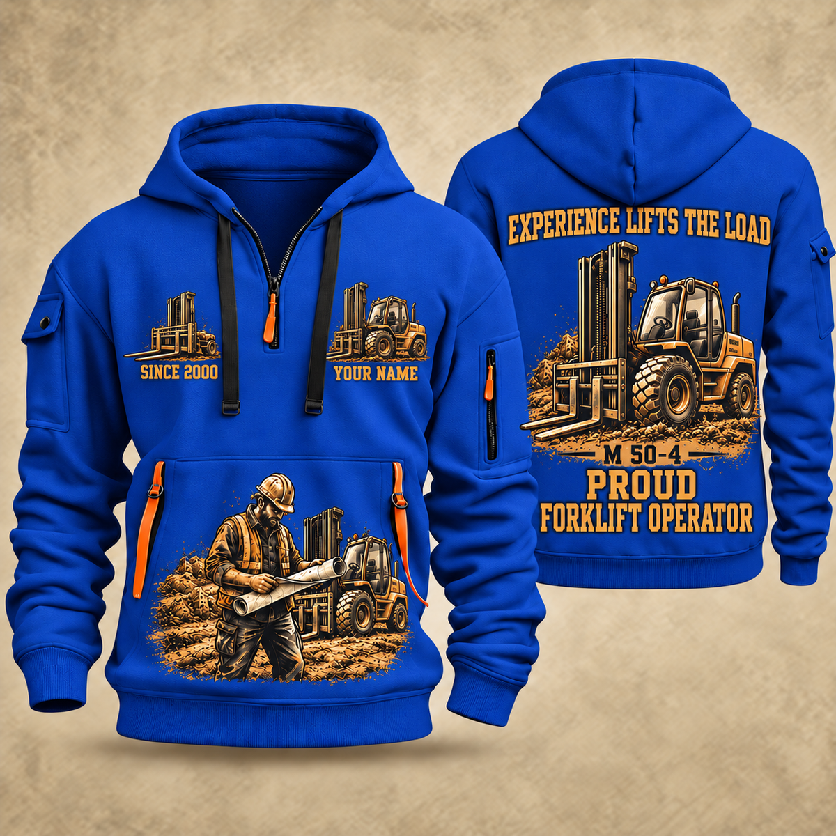 Manitou M 50-4 Rough-Terrain Forklift quarter zip hoodie in Blue, front and back views, sample YOUR NAME and SINCE 2000 artwork