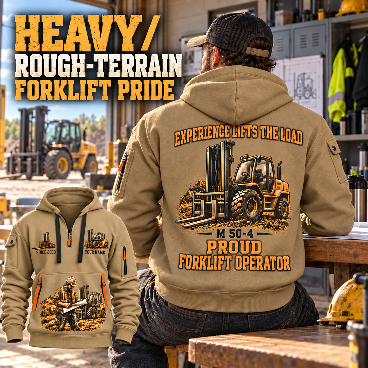 Manitou M 50-4 Rough-Terrain Forklift quarter zip hoodie in Khaki, adult lifestyle portrait showing front and back artwork