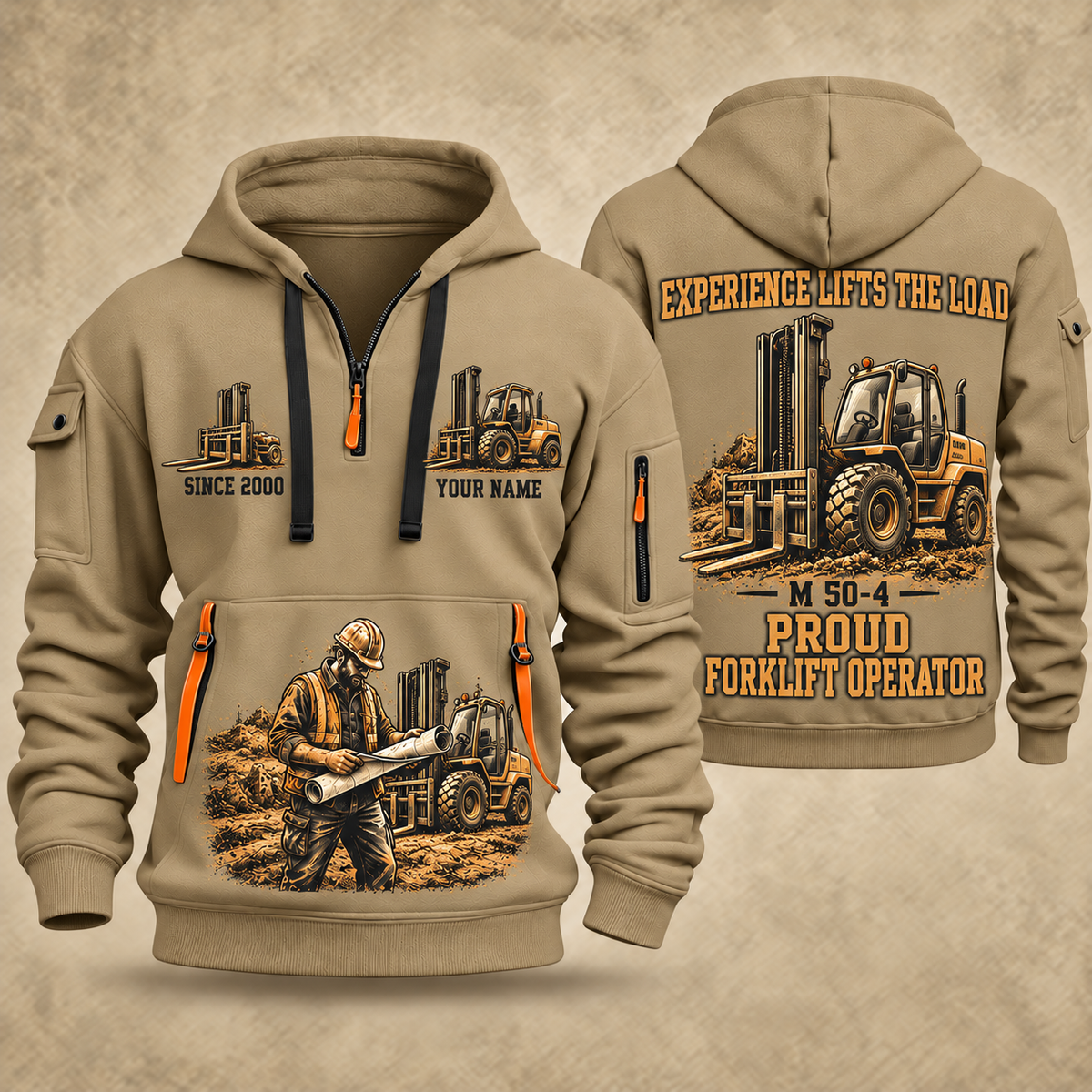 Manitou M 50-4 Rough-Terrain Forklift quarter zip hoodie in Khaki, front and back views, sample YOUR NAME and SINCE 2000 artwork