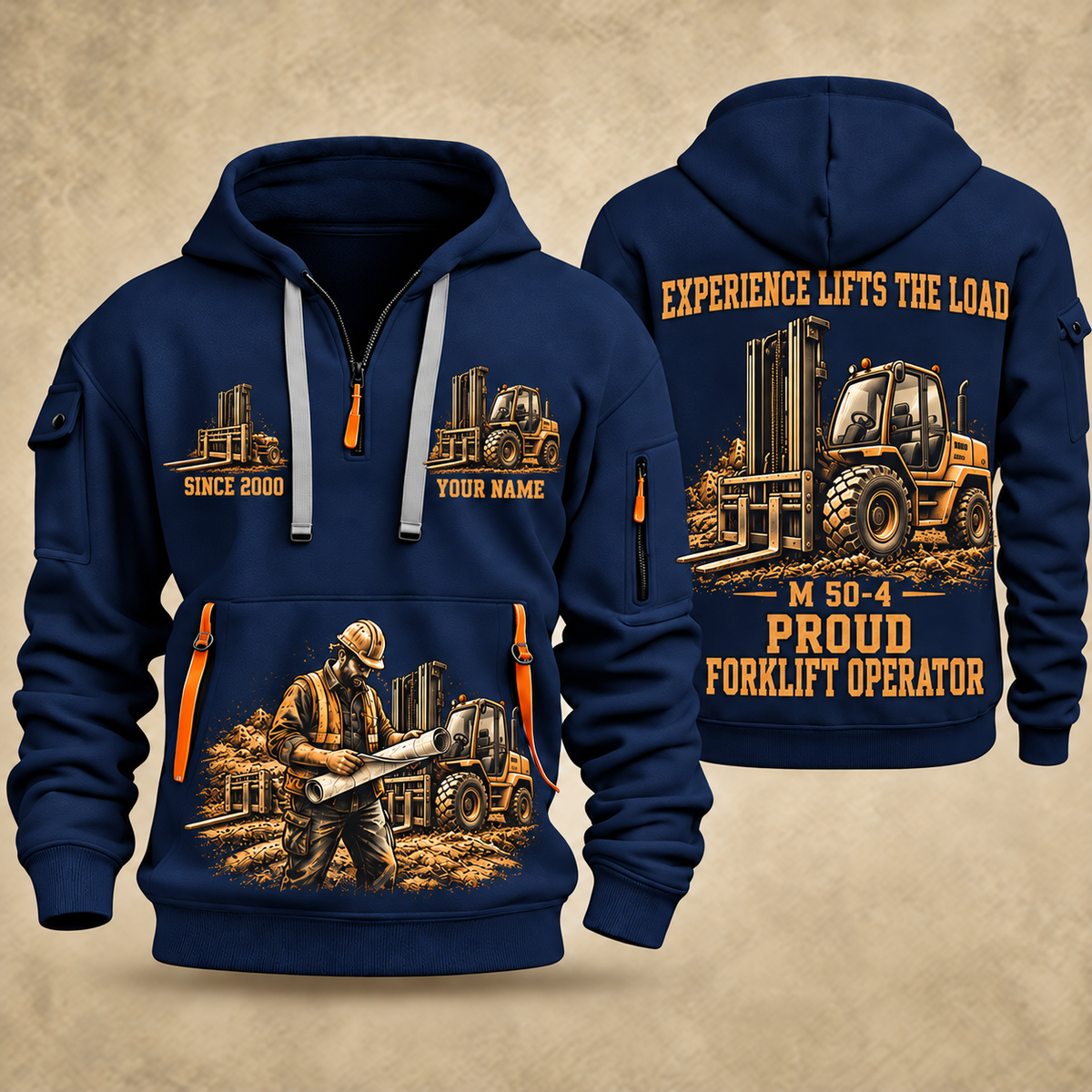Manitou M 50-4 Rough-Terrain Forklift quarter zip hoodie in Navy, front and back views, sample YOUR NAME and SINCE 2000 artwork