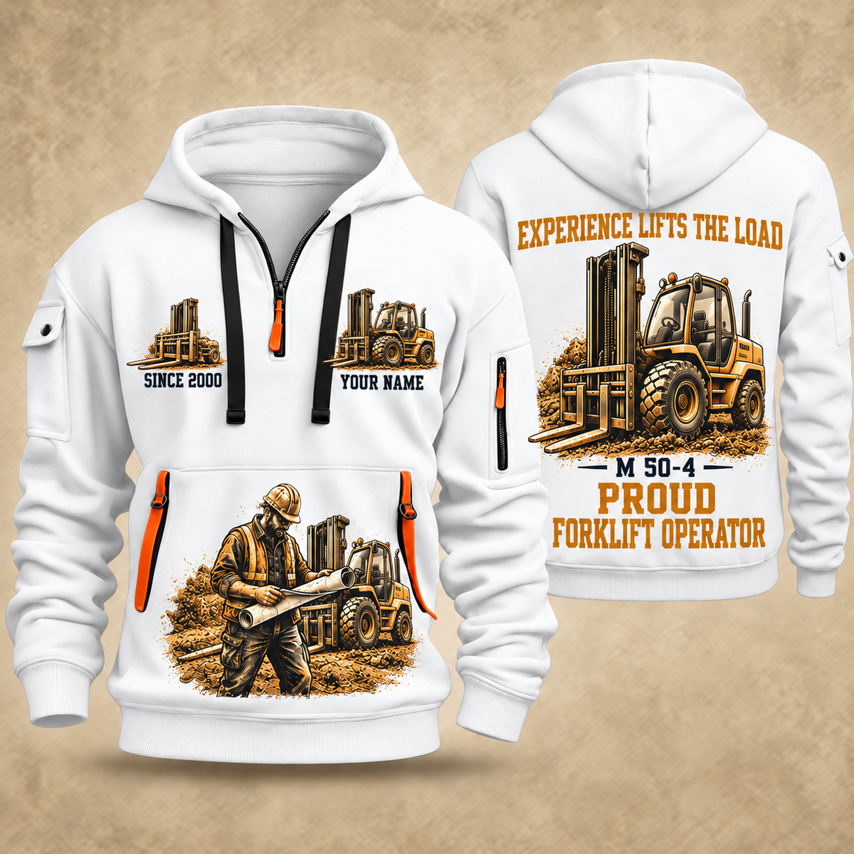 Manitou M 50-4 Rough-Terrain Forklift quarter zip hoodie in White, front and back views, sample YOUR NAME and SINCE 2000 artwork