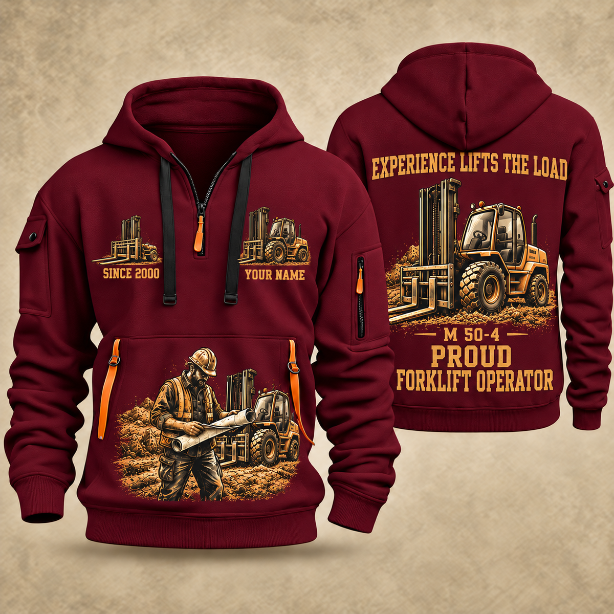 Manitou M 50-4 Rough-Terrain Forklift quarter zip hoodie in Wine Red, front and back views, sample YOUR NAME and SINCE 2000 artwork