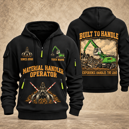 Sennebogen 825 E Material Handler quarter zip hoodie in Black, front and back views, sample YOUR NAME and SINCE 2000 artwork