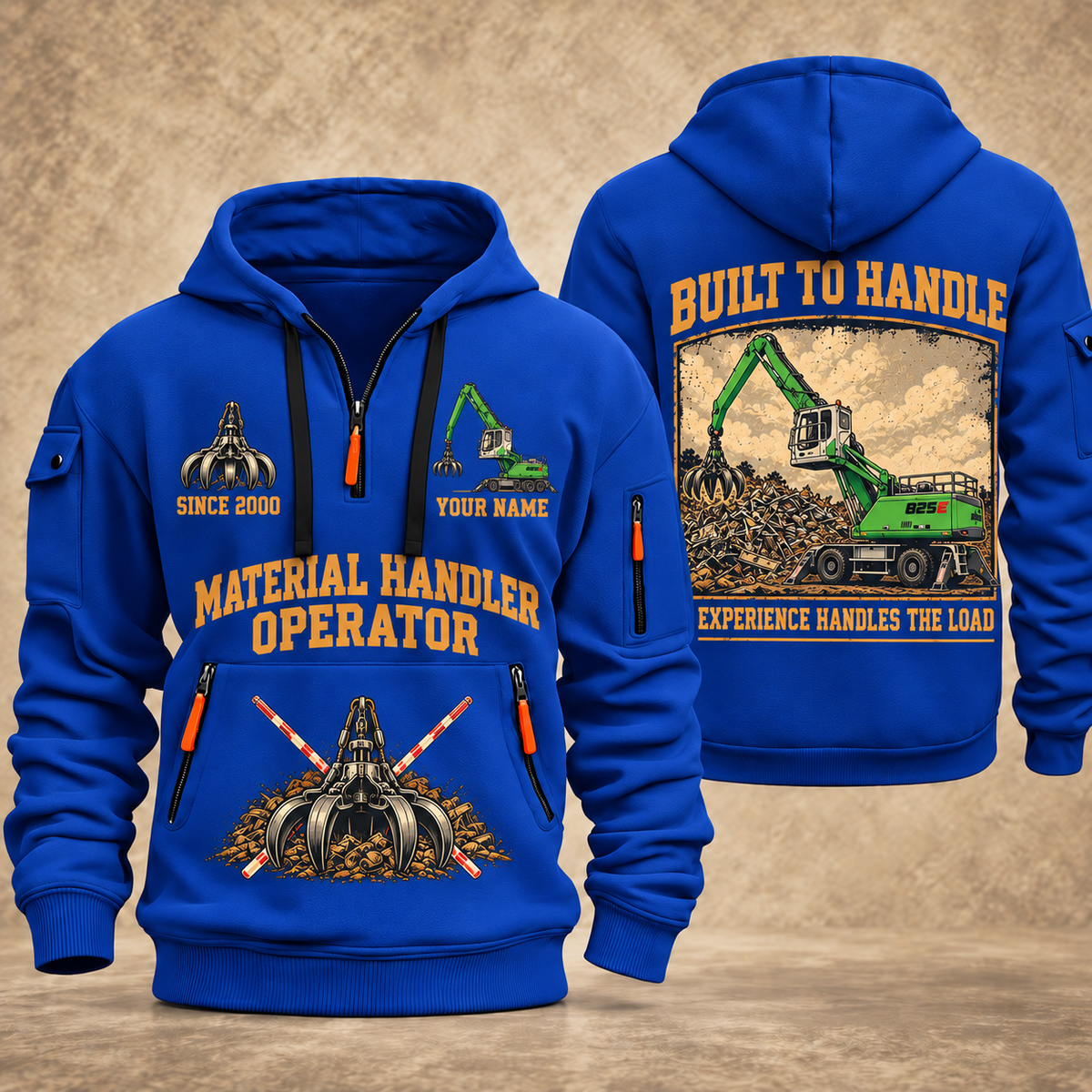 Sennebogen 825 E Material Handler quarter zip hoodie in Blue, front and back views, sample YOUR NAME and SINCE 2000 artwork