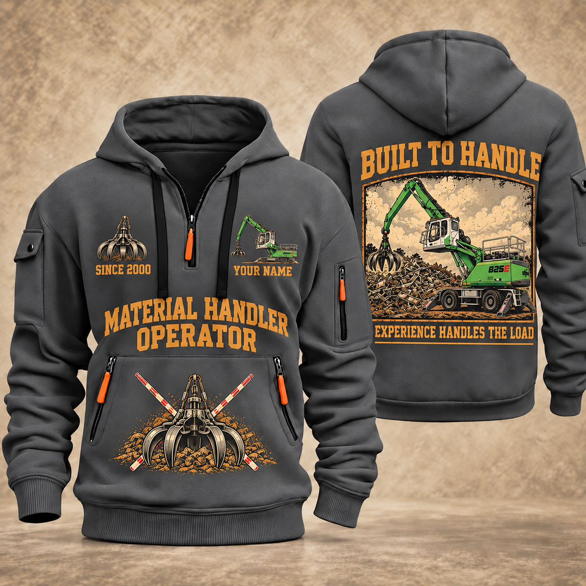 Sennebogen 825 E Material Handler quarter zip hoodie in Gray, front and back views, sample YOUR NAME and SINCE 2000 artwork
