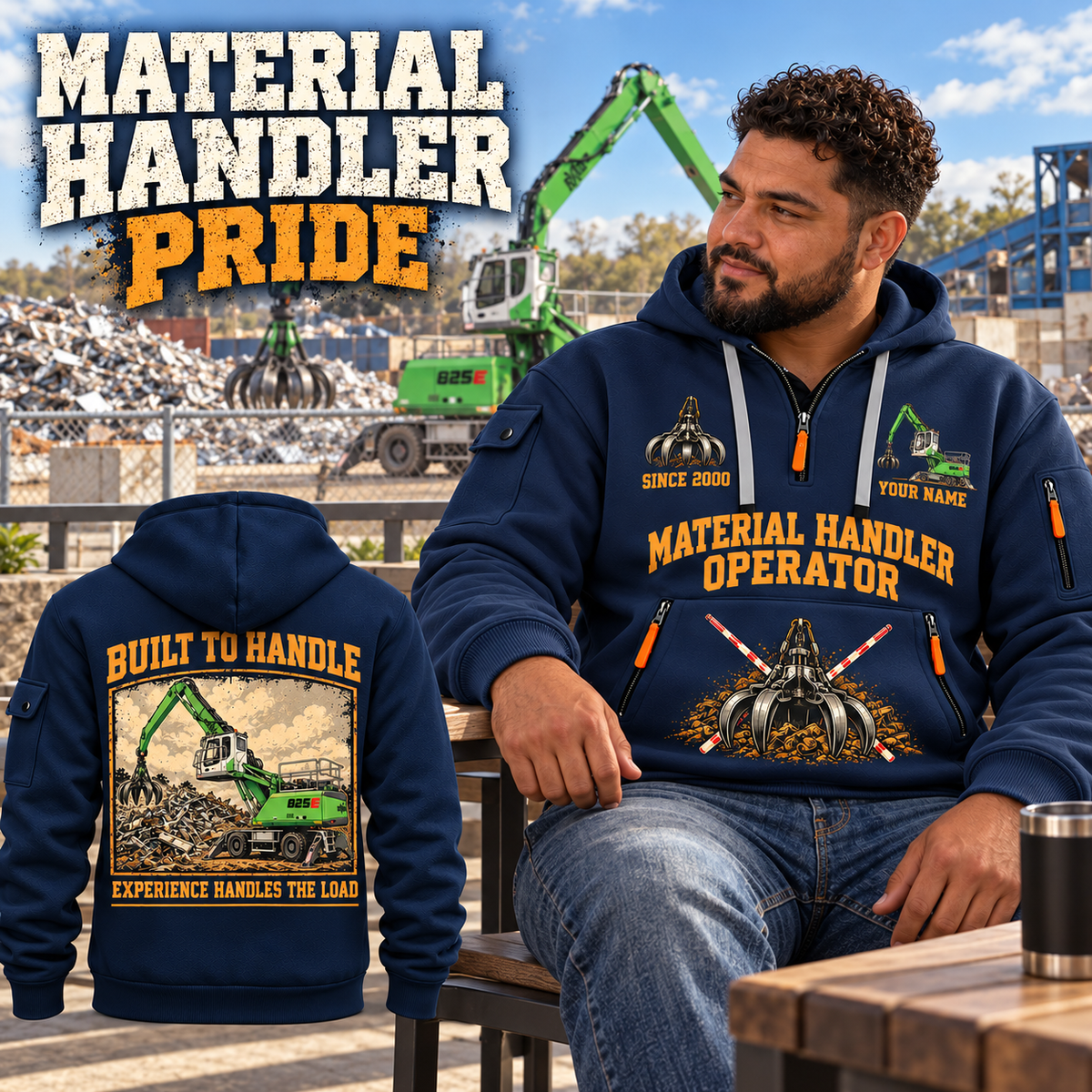 Sennebogen 825 E Material Handler quarter zip hoodie in Navy, adult lifestyle portrait showing front and back artwork