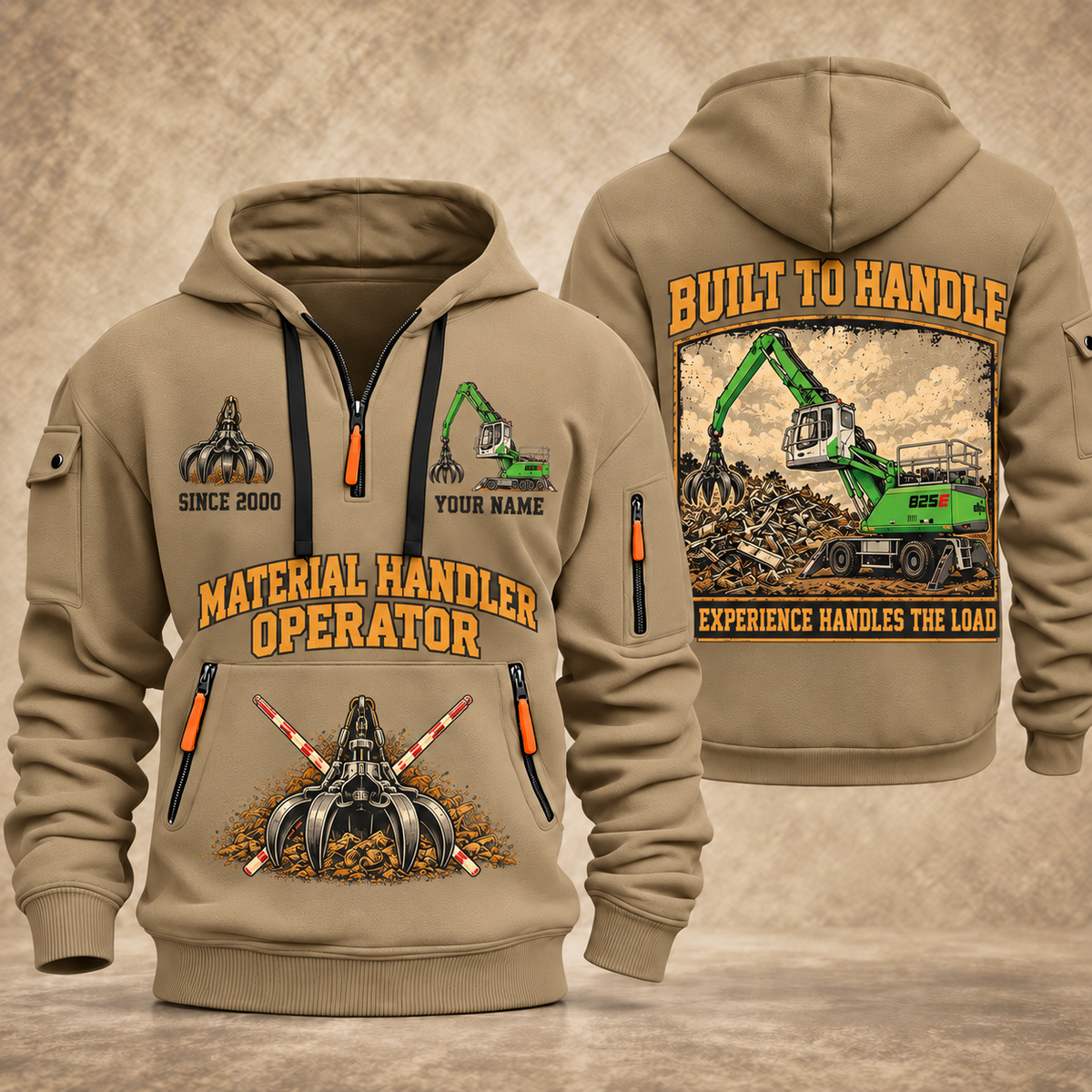 Sennebogen 825 E Material Handler quarter zip hoodie in Khaki, front and back views, sample YOUR NAME and SINCE 2000 artwork