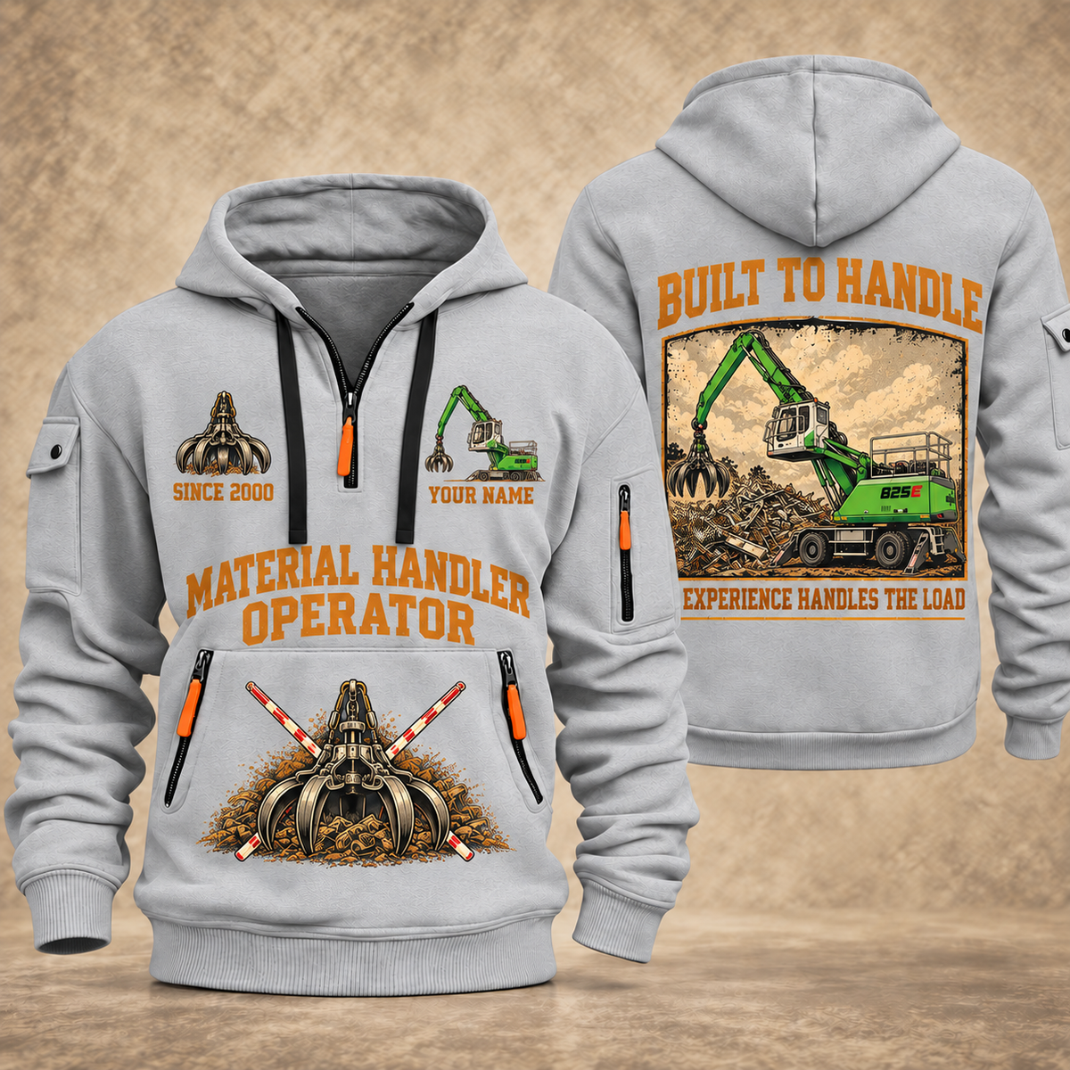 Sennebogen 825 E Material Handler quarter zip hoodie in Light Grey, front and back views, sample YOUR NAME and SINCE 2000 artwork