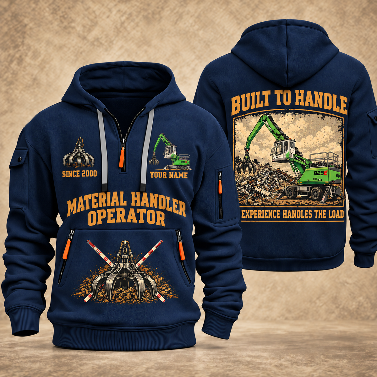 Sennebogen 825 E Material Handler quarter zip hoodie in Navy, front and back views, sample YOUR NAME and SINCE 2000 artwork