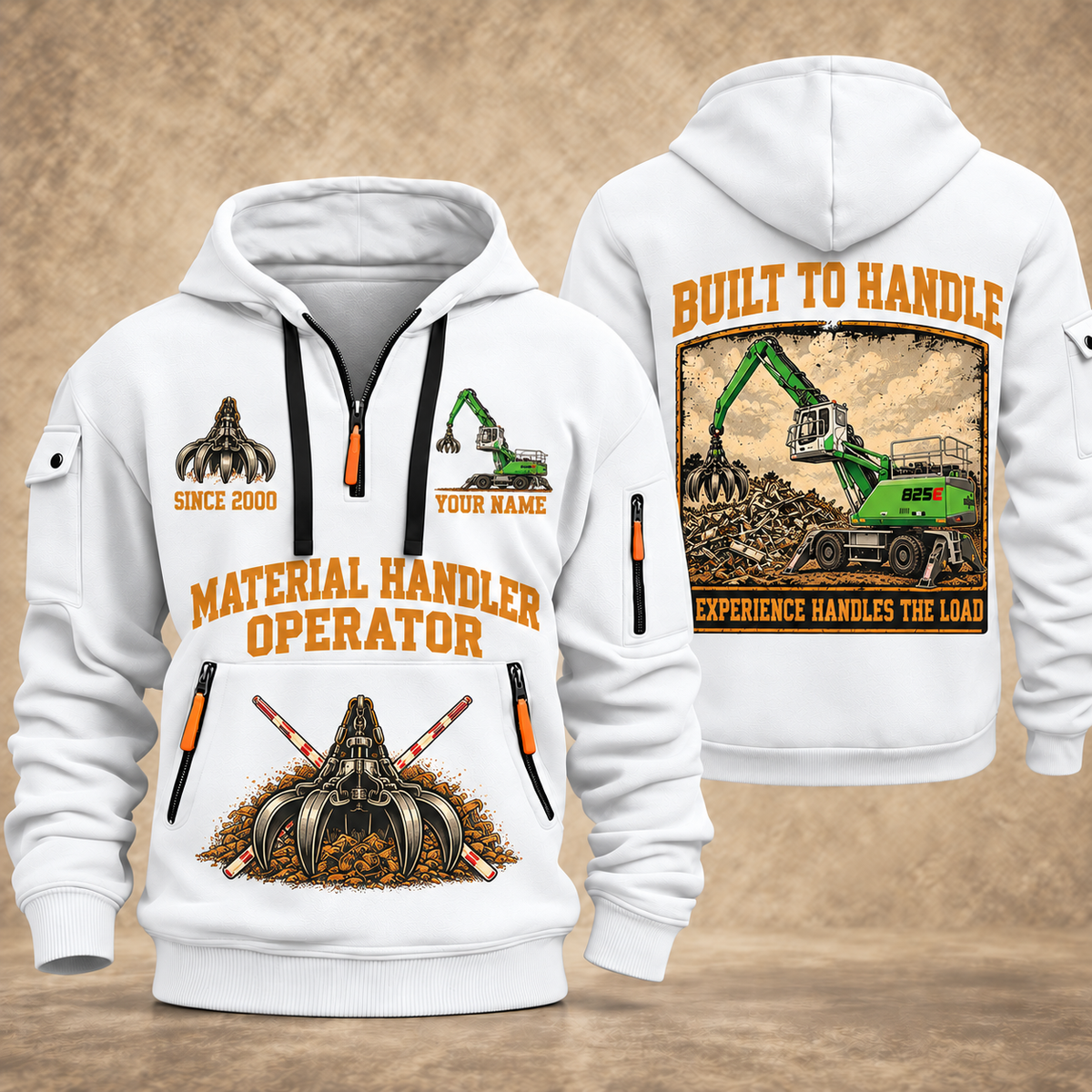 Sennebogen 825 E Material Handler quarter zip hoodie in White, front and back views, sample YOUR NAME and SINCE 2000 artwork