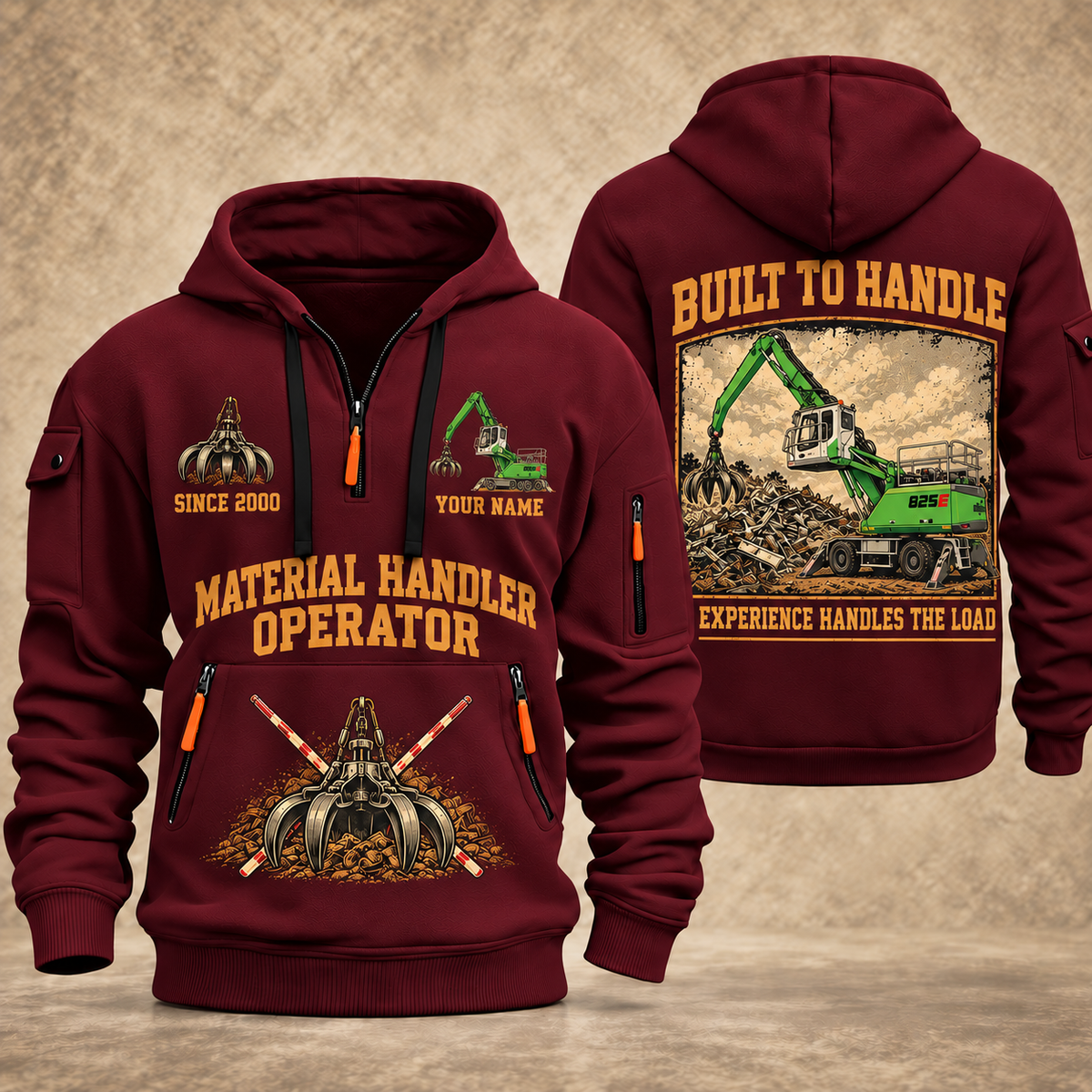 Sennebogen 825 E Material Handler quarter zip hoodie in Wine Red, front and back views, sample YOUR NAME and SINCE 2000 artwork