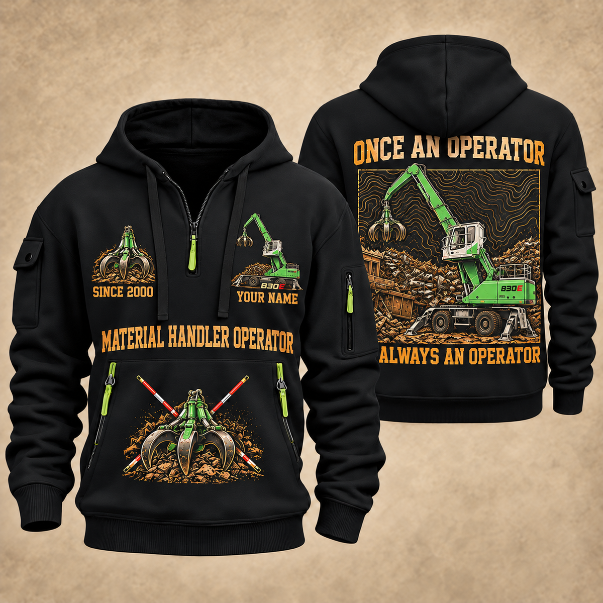 Sennebogen 830 E Material Handler quarter zip hoodie in Black, front and back views, sample YOUR NAME and SINCE 2000 artwork