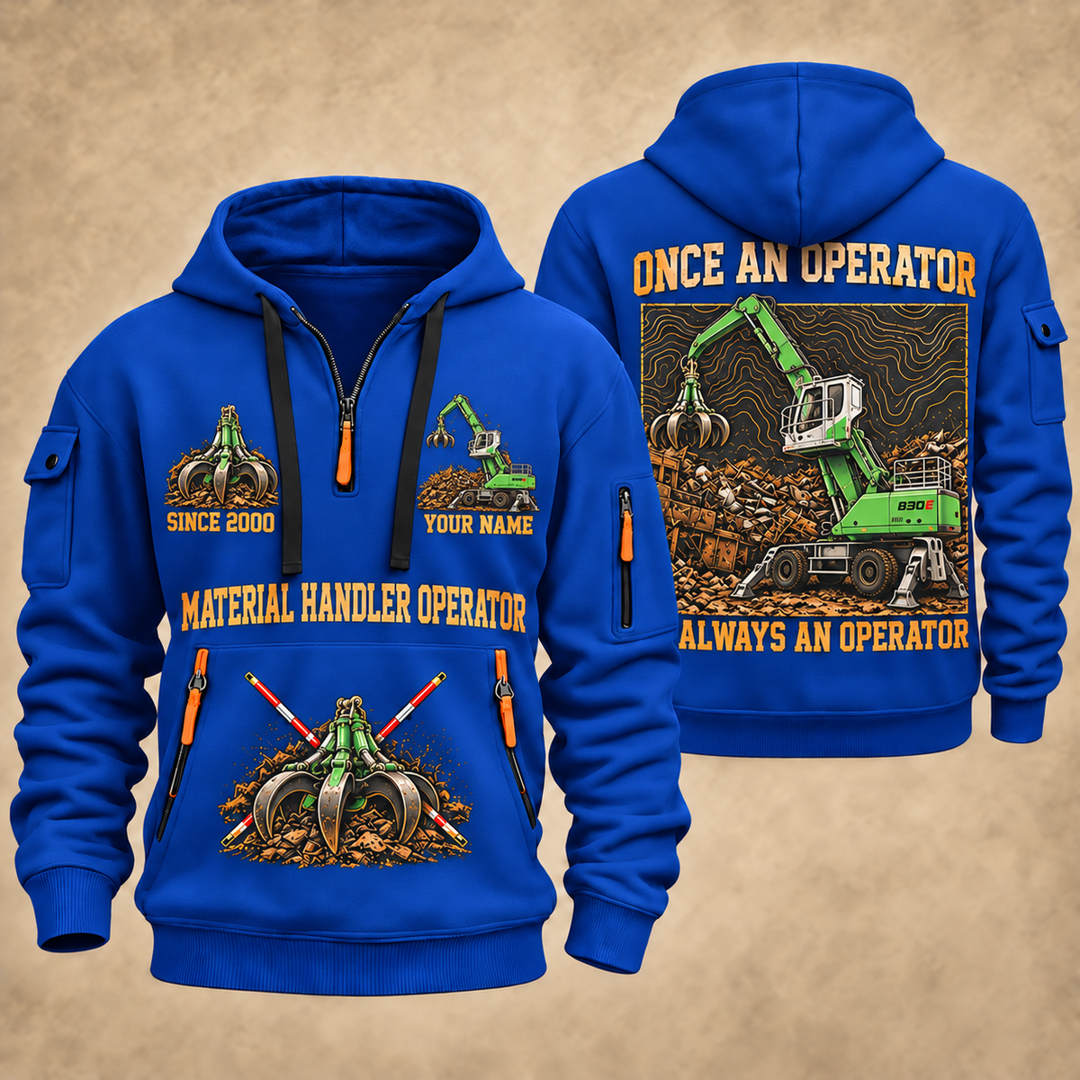 Sennebogen 830 E Material Handler quarter zip hoodie in Blue, front and back views, sample YOUR NAME and SINCE 2000 artwork