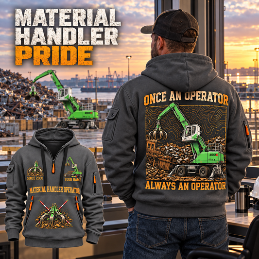 Sennebogen 830 E Material Handler quarter zip hoodie in Gray, adult lifestyle portrait showing front and back artwork