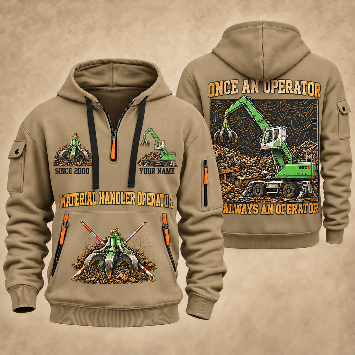 Sennebogen 830 E Material Handler quarter zip hoodie in Khaki, front and back views, sample YOUR NAME and SINCE 2000 artwork