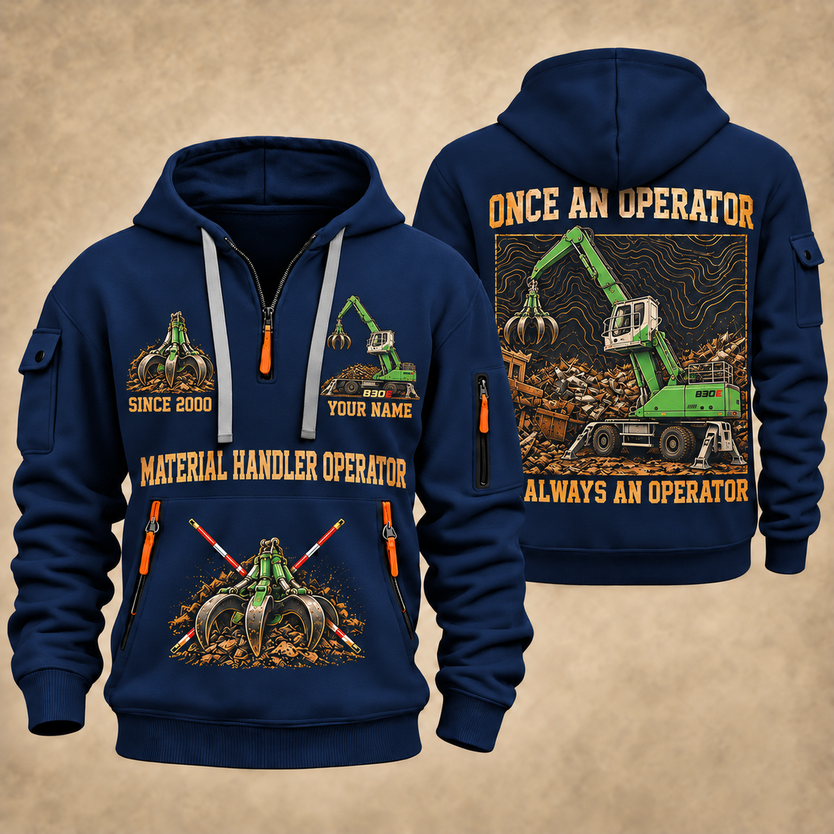 Sennebogen 830 E Material Handler quarter zip hoodie in Navy, front and back views, sample YOUR NAME and SINCE 2000 artwork