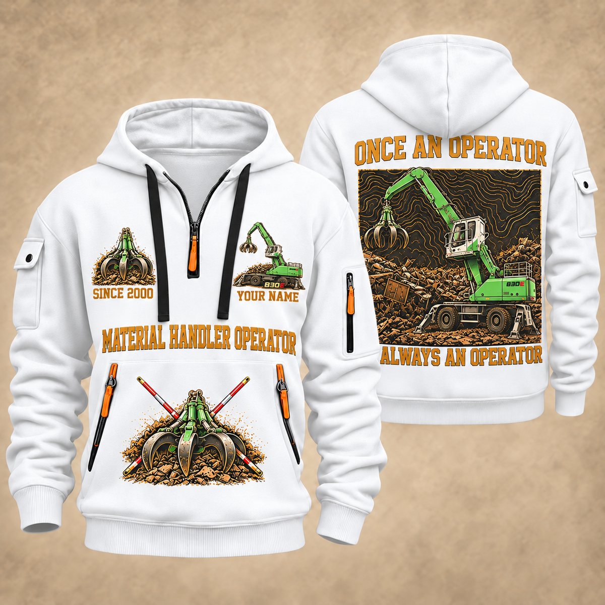 Sennebogen 830 E Material Handler quarter zip hoodie in White, front and back views, sample YOUR NAME and SINCE 2000 artwork