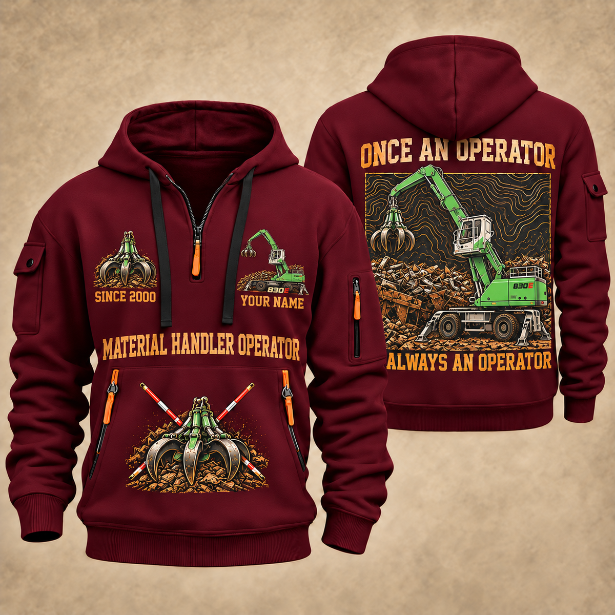 Sennebogen 830 E Material Handler quarter zip hoodie in Wine Red, front and back views, sample YOUR NAME and SINCE 2000 artwork