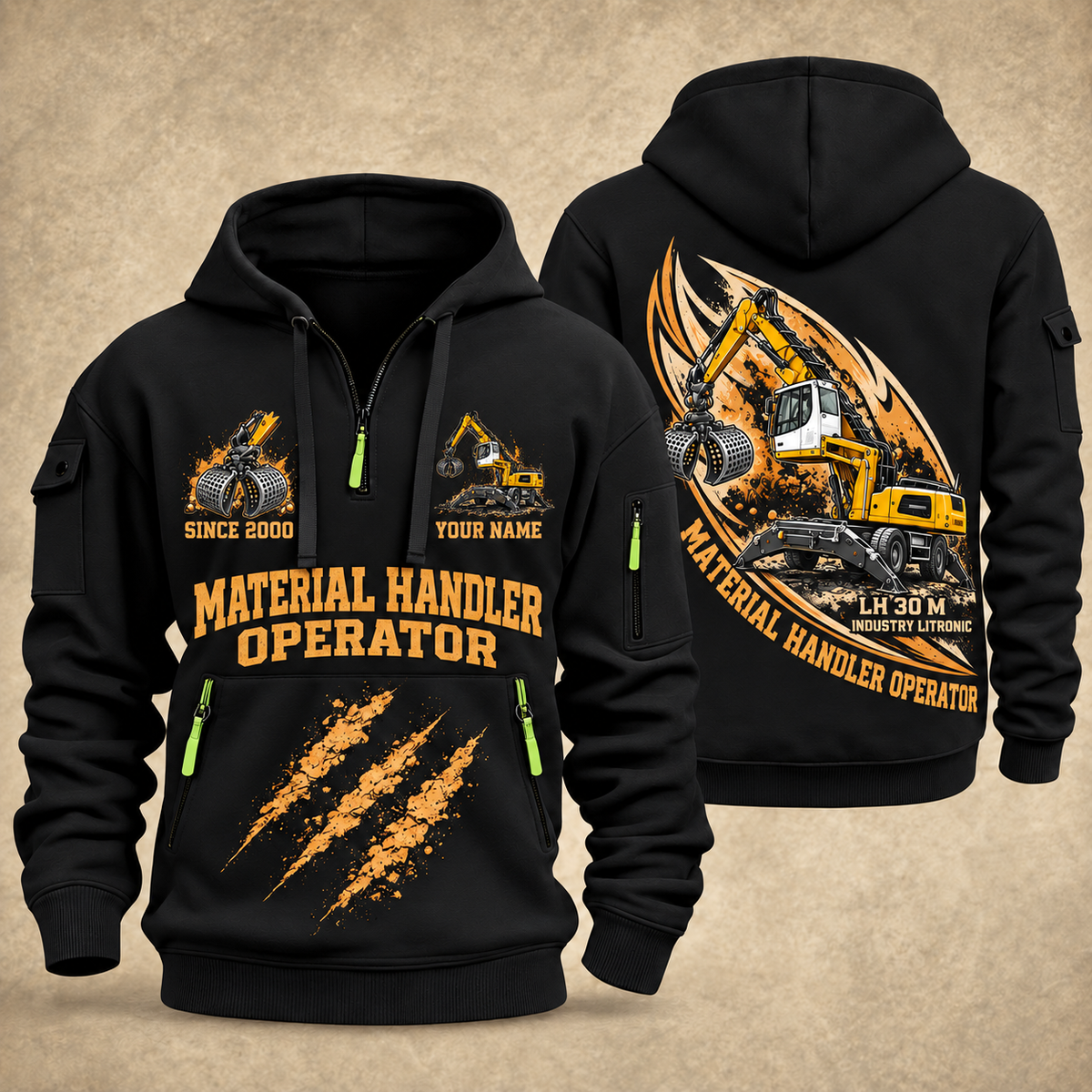 Liebherr LH 30 M Industry Litronic Material Handler quarter zip hoodie in Black, front and back views, sample YOUR NAME and SINCE 2000 artwork