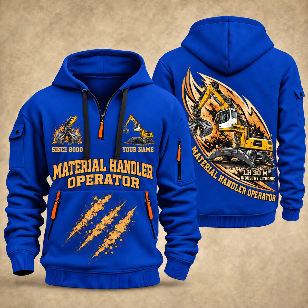 Liebherr LH 30 M Industry Litronic Material Handler quarter zip hoodie in Blue, front and back views, sample YOUR NAME and SINCE 2000 artwork