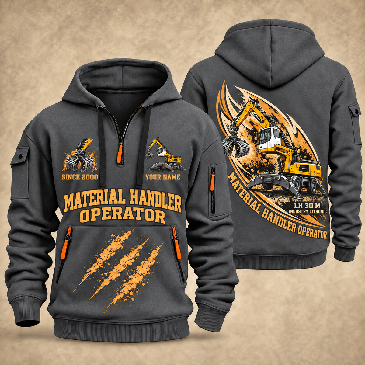 Liebherr LH 30 M Industry Litronic Material Handler quarter zip hoodie in Gray, front and back views, sample YOUR NAME and SINCE 2000 artwork