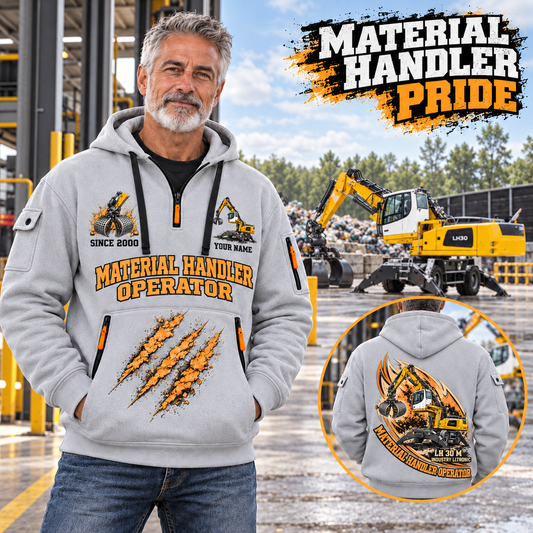 Liebherr LH 30 M Industry Litronic Material Handler quarter zip hoodie in Light Grey, adult lifestyle portrait showing front and back artwork