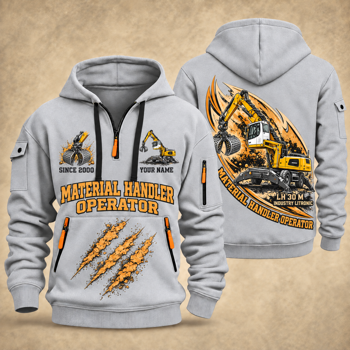 Liebherr LH 30 M Industry Litronic Material Handler quarter zip hoodie in Light Grey, front and back views, sample YOUR NAME and SINCE 2000 artwork