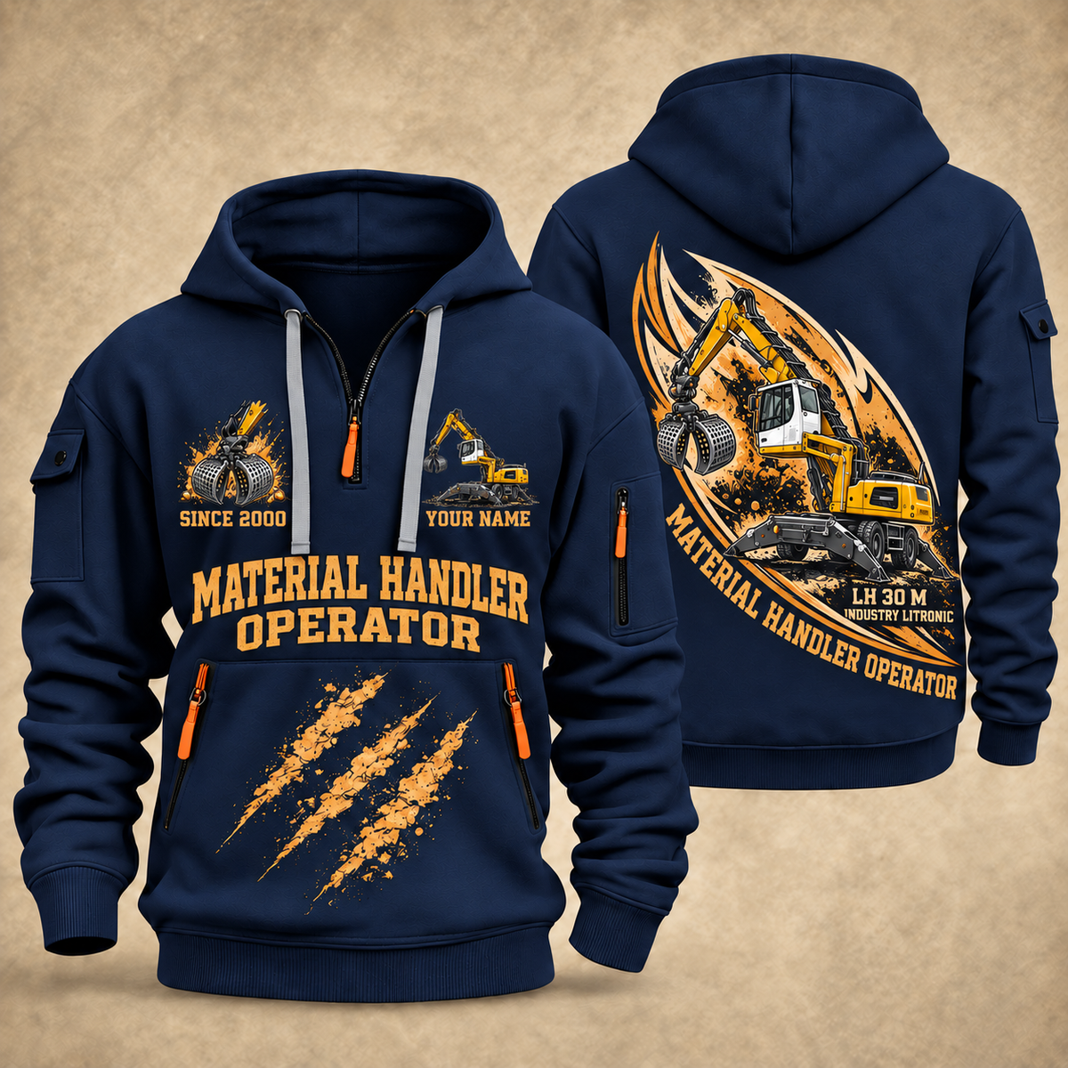 Liebherr LH 30 M Industry Litronic Material Handler quarter zip hoodie in Navy, front and back views, sample YOUR NAME and SINCE 2000 artwork