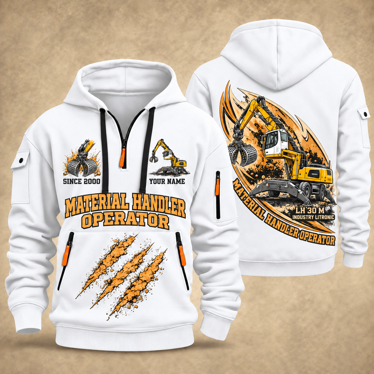 Liebherr LH 30 M Industry Litronic Material Handler quarter zip hoodie in White, front and back views, sample YOUR NAME and SINCE 2000 artwork