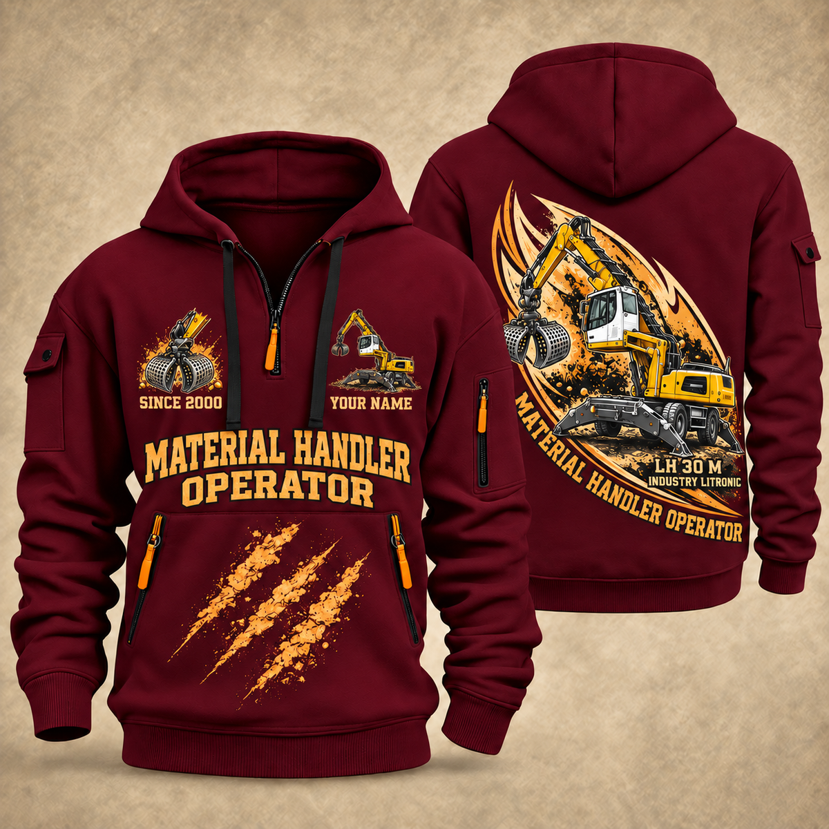 Liebherr LH 30 M Industry Litronic Material Handler quarter zip hoodie in Wine Red, front and back views, sample YOUR NAME and SINCE 2000 artwork