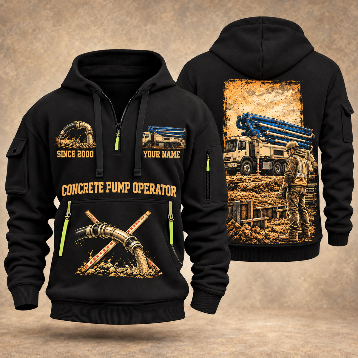 Putzmeister 36Z-Meter Concrete Pump quarter zip hoodie in Black, front and back views, sample YOUR NAME and SINCE 2000 artwork