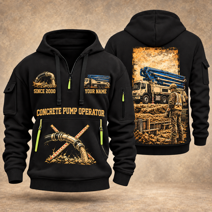 Putzmeister 36Z-Meter Concrete Pump quarter zip hoodie in Black, front and back views, sample YOUR NAME and SINCE 2000 artwork