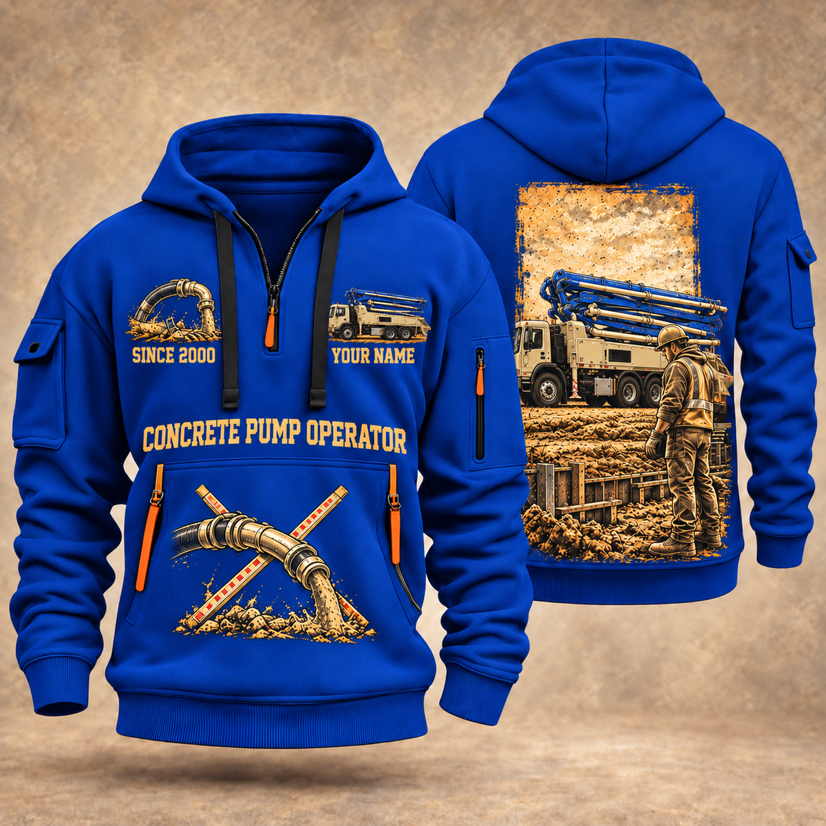 Putzmeister 36Z-Meter Concrete Pump quarter zip hoodie in Blue, front and back views, sample YOUR NAME and SINCE 2000 artwork