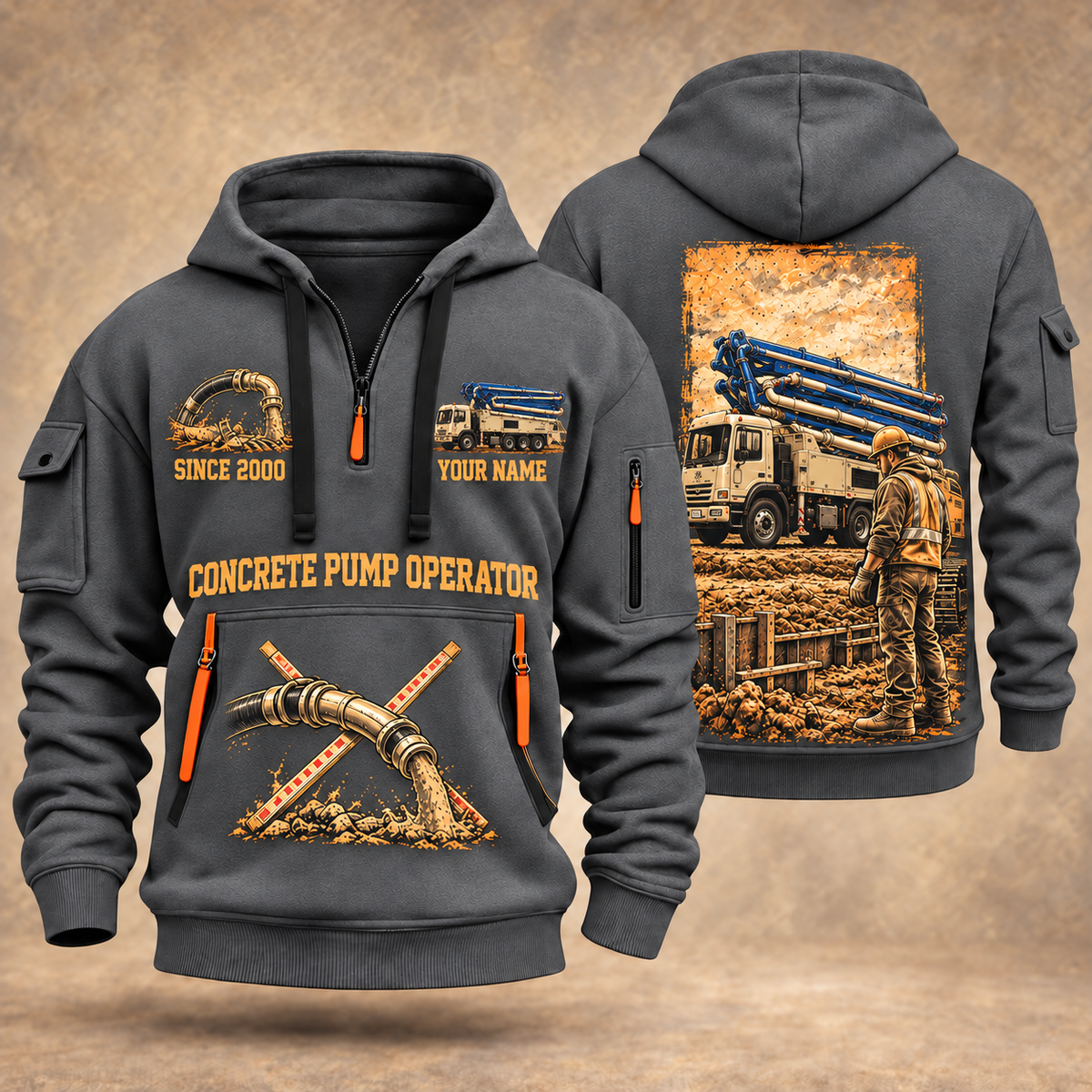 Putzmeister 36Z-Meter Concrete Pump quarter zip hoodie in Gray, front and back views, sample YOUR NAME and SINCE 2000 artwork