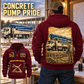 Putzmeister 36Z-Meter Concrete Pump quarter zip hoodie in Wine Red, adult lifestyle portrait showing front and back artwork