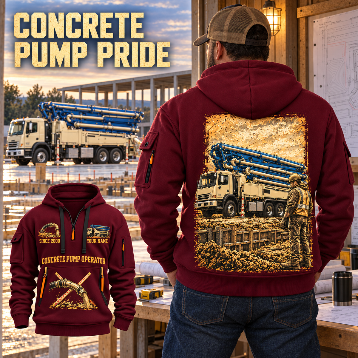 Putzmeister 36Z-Meter Concrete Pump quarter zip hoodie in Wine Red, adult lifestyle portrait showing front and back artwork