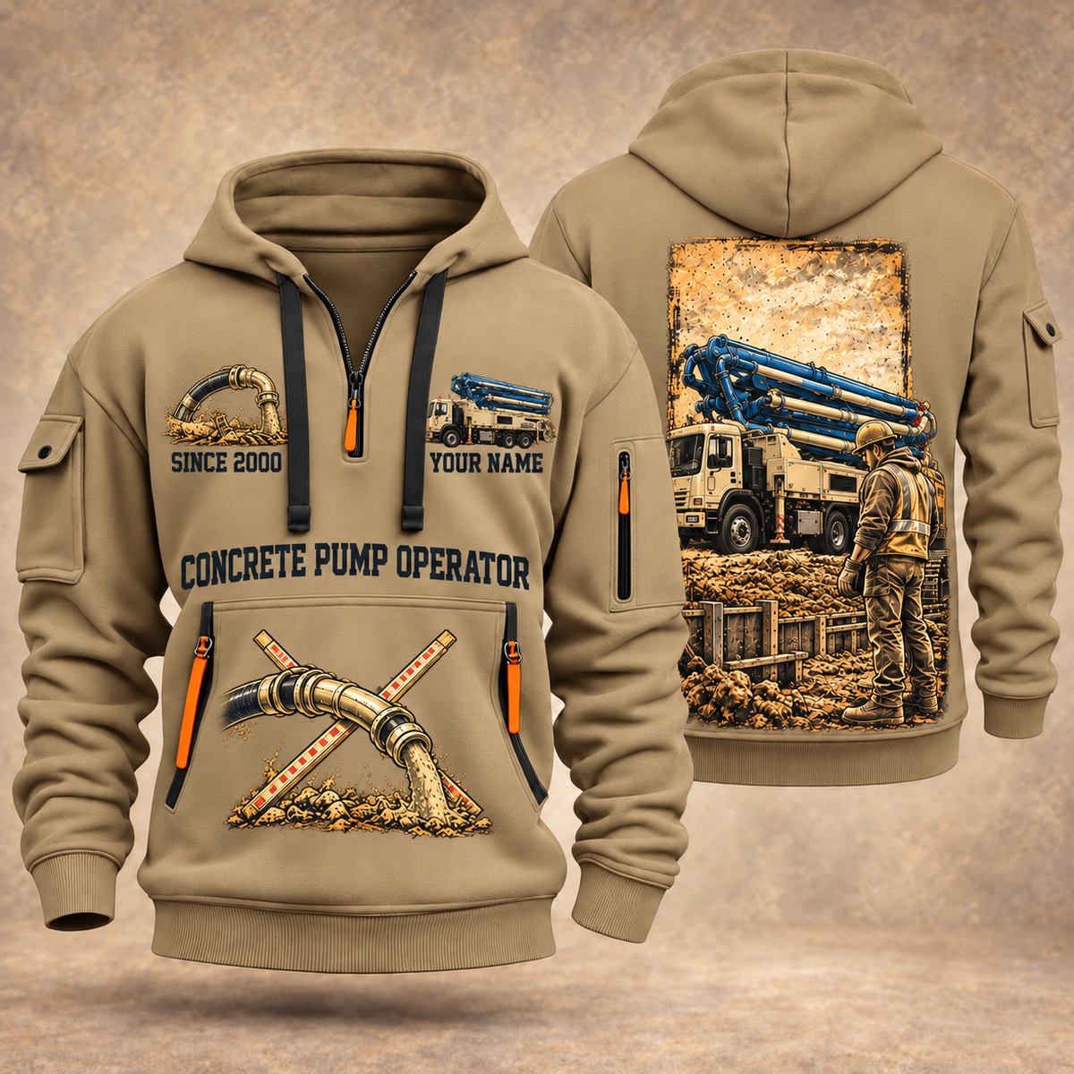 Putzmeister 36Z-Meter Concrete Pump quarter zip hoodie in Khaki, front and back views, sample YOUR NAME and SINCE 2000 artwork
