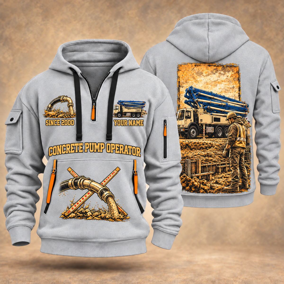 Putzmeister 36Z-Meter Concrete Pump quarter zip hoodie in Light Grey, front and back views, sample YOUR NAME and SINCE 2000 artwork
